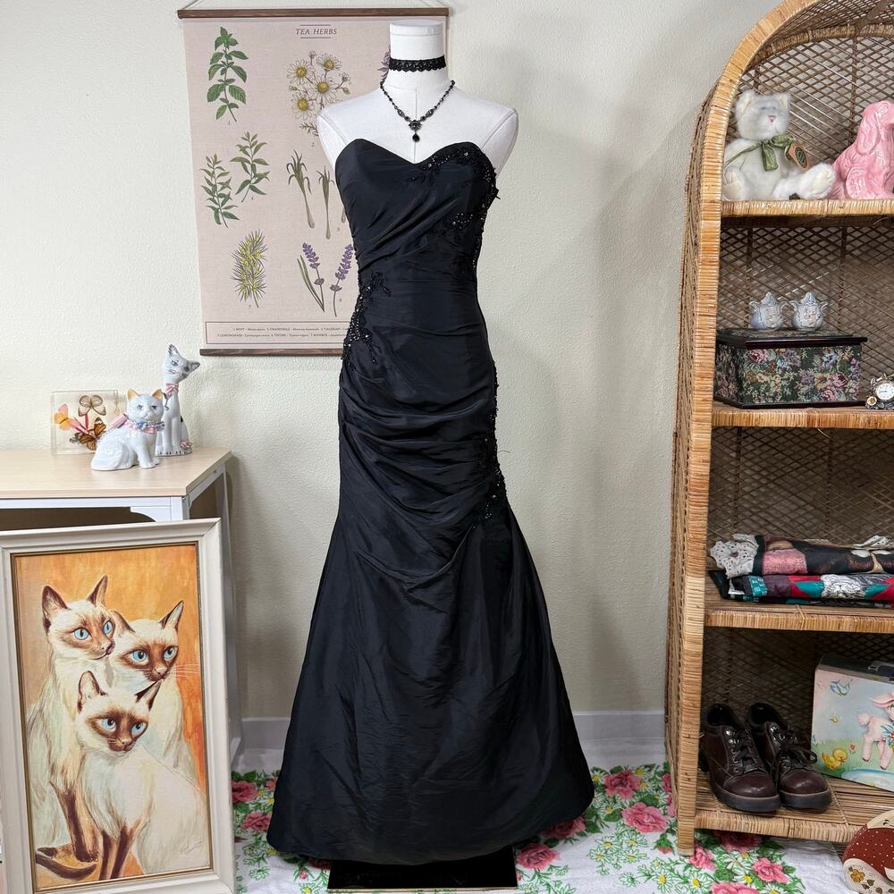 90s Y2k Beaded Floral Corset Back Ruched Formal Dress Romanitc Goth Sexy Glam XS